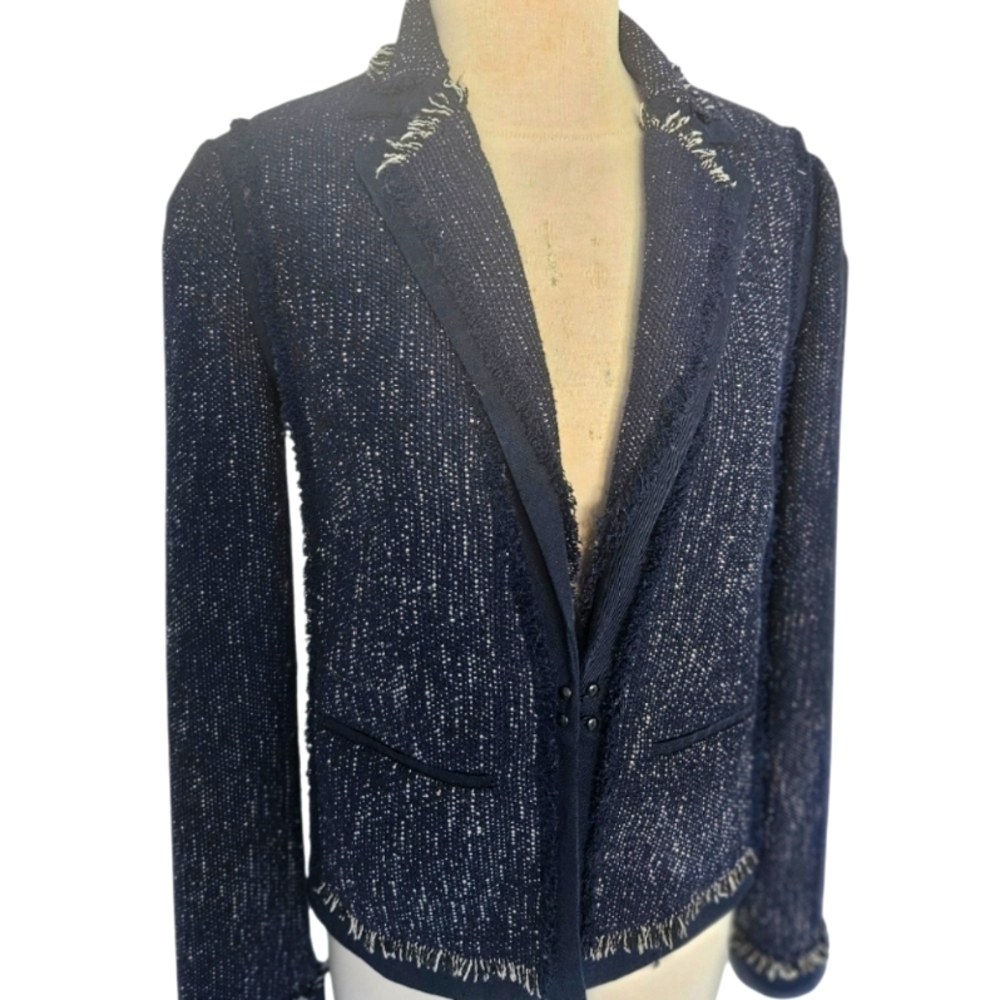 Vince Women's Navy Blue Soft Bouckle Fringe Tweed Blazer - Picture 3 of 10